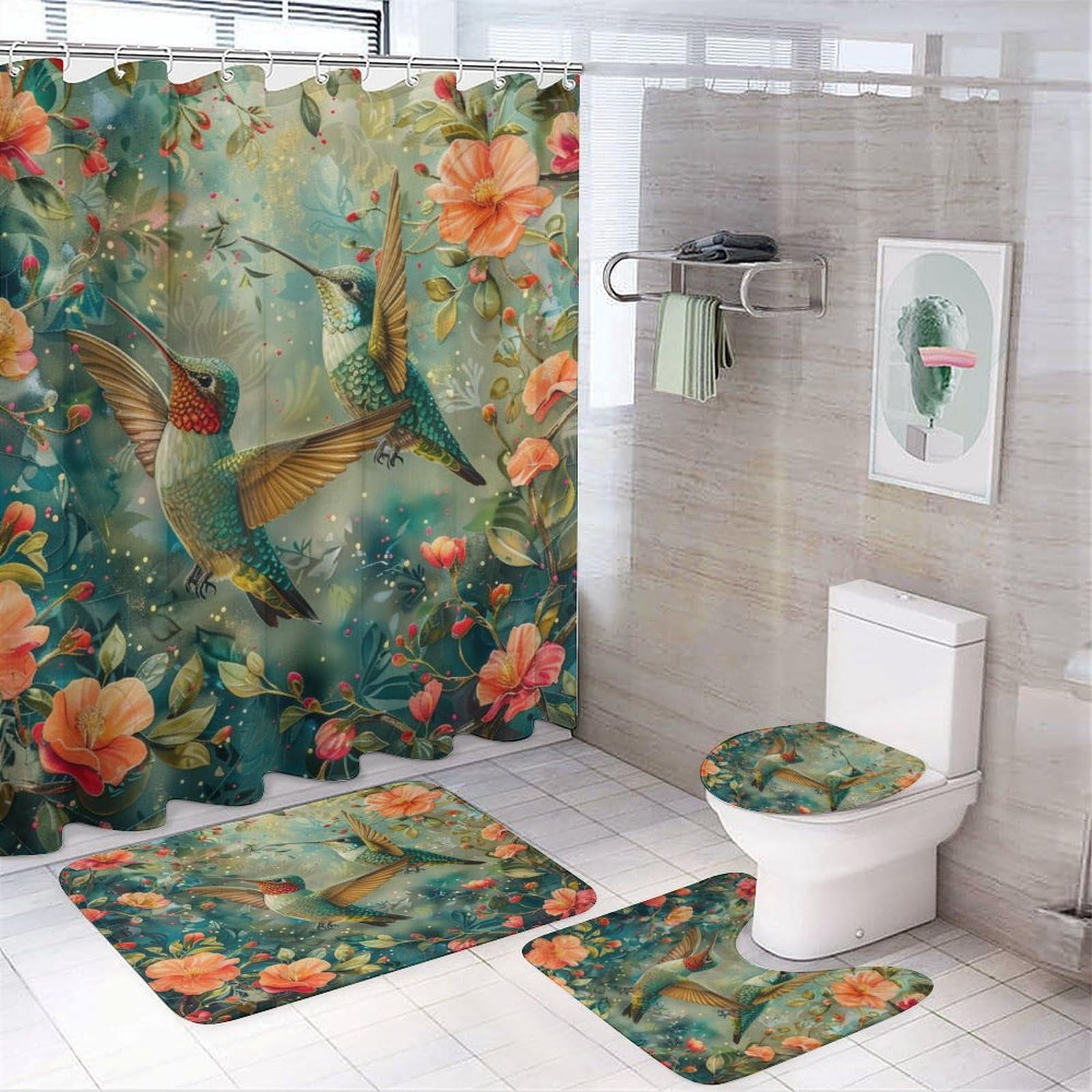 4Pcs Rustic Floral Hummingbird Shower Curtain Sets, Bathroom Decor Set with Rugs, Bath Mat Classic Asian Nature Botanical Shower Curtain, 72 X 72 Inch