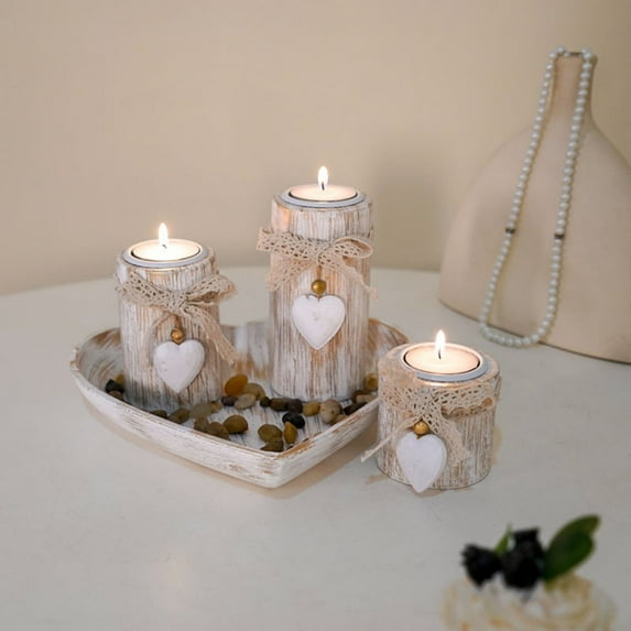 4Pcs Rustic Wooden Candle Holder Set with Heart Tray - Vintage Boho Tea Light Candle Holders for Windowsill Coffee Table Bathroom Decor, Farmhouse Valentine's Day Holiday Party Home Decor