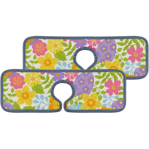 4Pcs SKYSONIC Faucet Absorbent MatEaster Floral Elements Eggs on White Washable Counter Drying Pads Behind Faucet