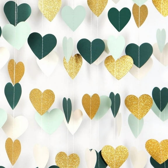 4Pcs Sage Green Mint Gold Love Heart Hanging Paper Garlands Banners Backdrops for Spring Theme Birthday Wedding Bridal Baby Shower Engagement Party Home Shop Showcase Wall Decorations Supplies