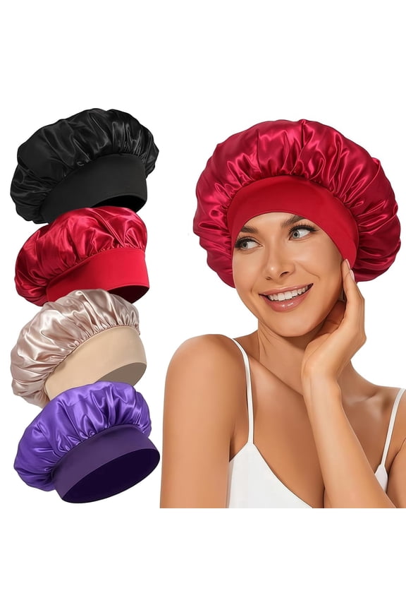 4Pcs Silk Bonnet, Satin Hair Bonnet for Sleeping, Elastic Wide Band Silk Sleep Cap, Soft and Breathable (Black Red Purple Gold)