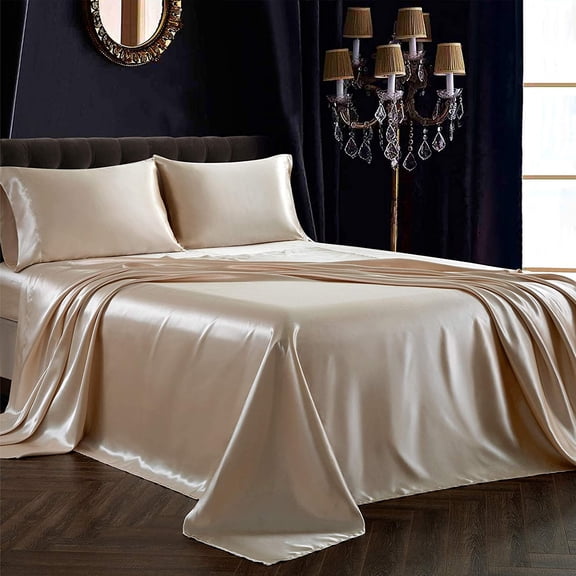 4Pcs Satin Sheet Set Queen Size Ultra Silky Soft Beige Satin Queen Bed Sheets with Deep Pocket, 1 Fitted Sheet, 1 Flat Sheet, 2 Envelope Closure Pillowcases