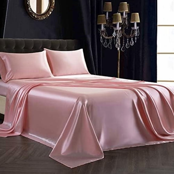 4Pcs Satin Sheet Set Queen Size Ultra Silky Soft Blush Pink Satin Queen Bed Sheets with Deep Pocket, 1 Fitted Sheet, 1 Flat Sheet, 2 Envelope Closure Pillowcases