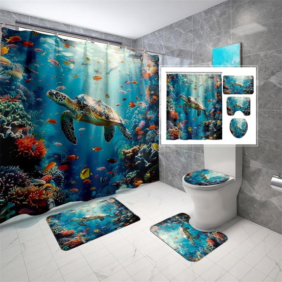 4Pcs Sea Turtle Bathroom Set - Ocean Turtle Bathroom Shower Curtain Sets with 12 Hooks, 72" x 72"