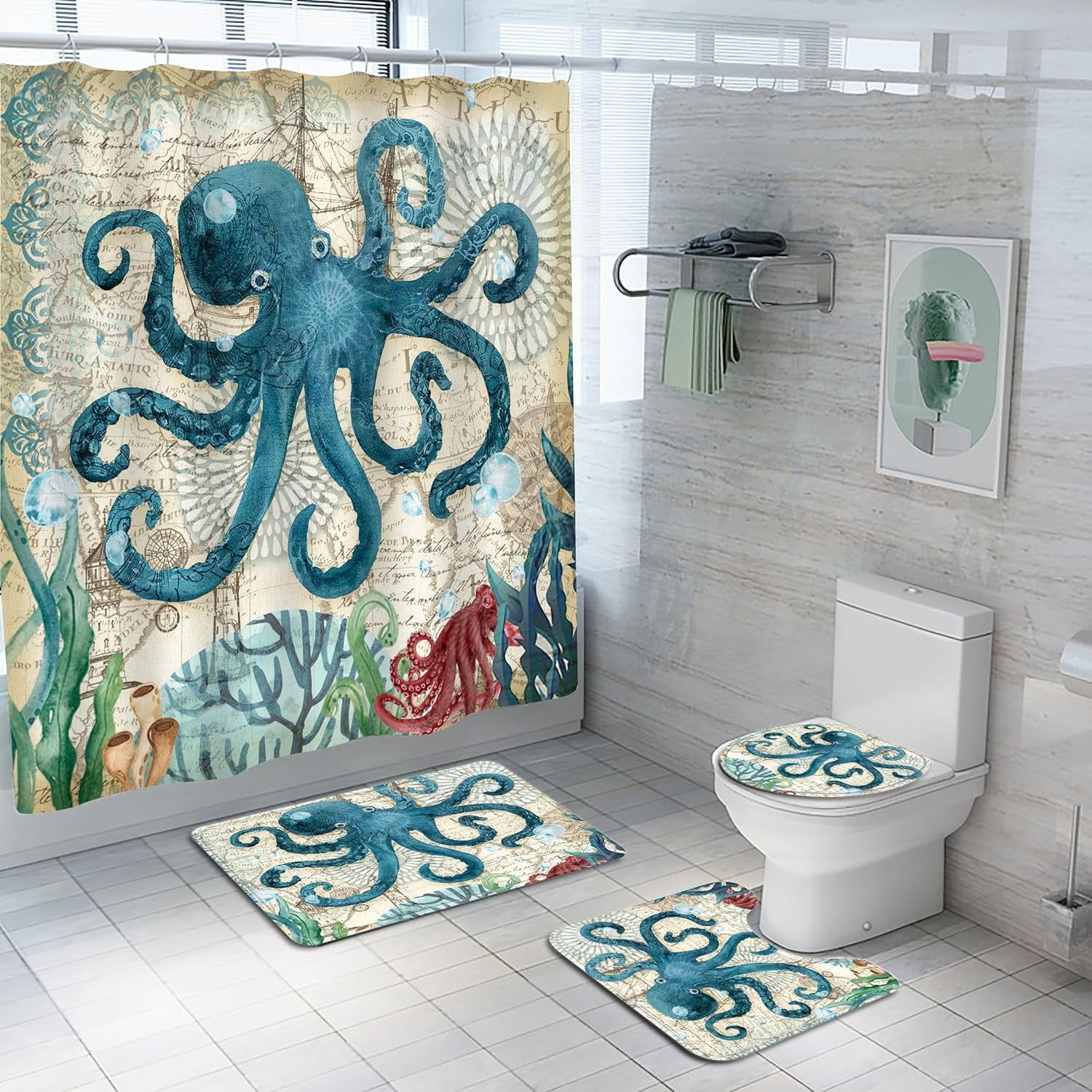 4Pcs Octopus Waterproof Shower Curtain Sets,Ocean Bathroom Sets with Shower Curtain, Toilet Lid Rug, Contour Mat and Bath Mat, 12 Hooks Gift for Bathroom Set Decor