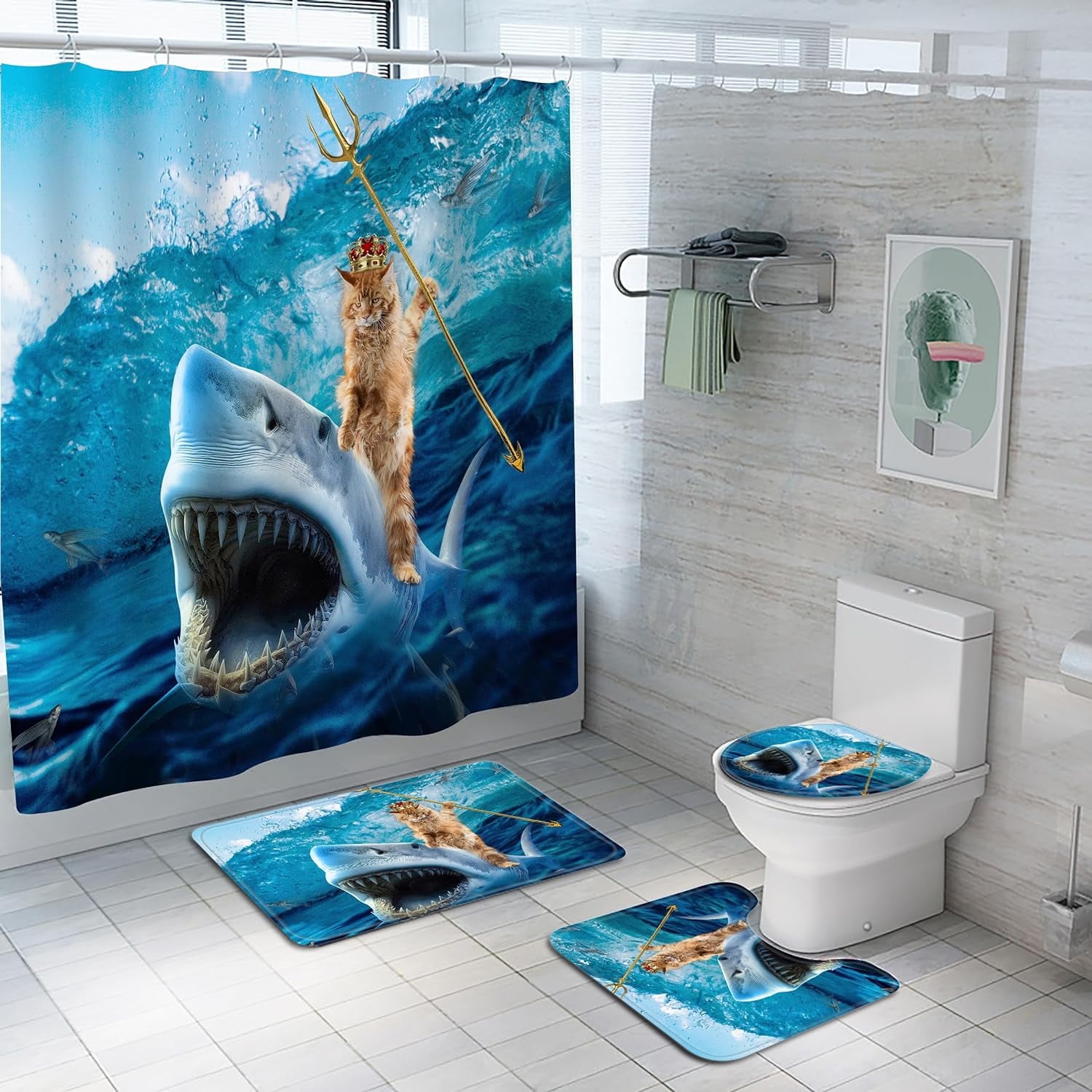 4 Pcs Funny Cat Shark Waterproof Shower Curtain Sets,Ocean Bathroom Sets with Shower Curtain, Toilet Lid Rug, Contour Mat and Bath Mat, 12 Hooks for Bathroom Set Decor