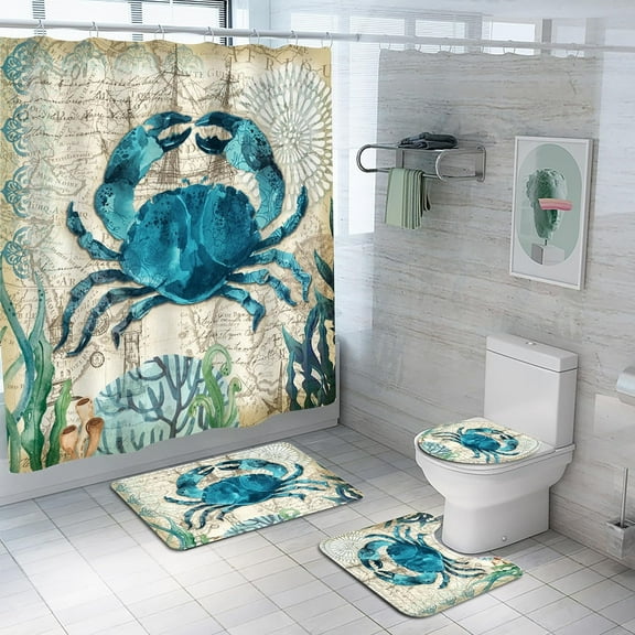 4Pcs Sea Crab Waterproof Shower Curtain Sets,Ocean Bathroom Sets with Shower Curtain, Toilet Lid Rug, Contour Mat and Bath Mat, 12 Hooks Gift for Bathroom Set Decor