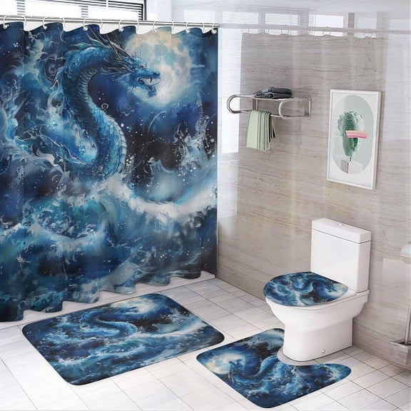 4Pcs Sea Wave Dragon Shower Curtain Set with Toilet Lid Cover Non-Slip Rugs for Bathroom, Fantasy Sea Wave Star Moon Ocean Shower Curtain Bathroom Sets with Hooks, 72x72 Inch