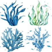 4Pcs Seaweed Window Decals 16cm Summer Window Clings Ocean Themed Stickers Watercolor Marine Animals Removable Waterproof Decals DIY for Summer Home Decorations Under The Sea Party Supplies