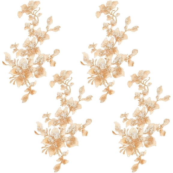 4Pcs Sequin Lace Applique Flower Fabric Sew on Patch Embroidered Trim for Wedding Gown Dress Clothes Collar Hat Jeans Craft Decoration Repairing DIY Sewing Accessory Supplies Gold