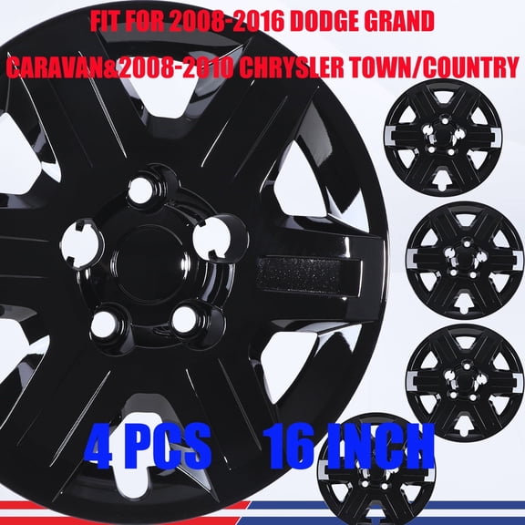 (4Pcs/Set)16" Hubcaps Steel Wheel Rims Cover Fit for 2008-2016 DODGE GRAND CARAVAN&2008-2010 CHRYSLER TOWN/COUNTRY ABS+PC Material Bolt On Installation(16-Inch, Black Lacquer)