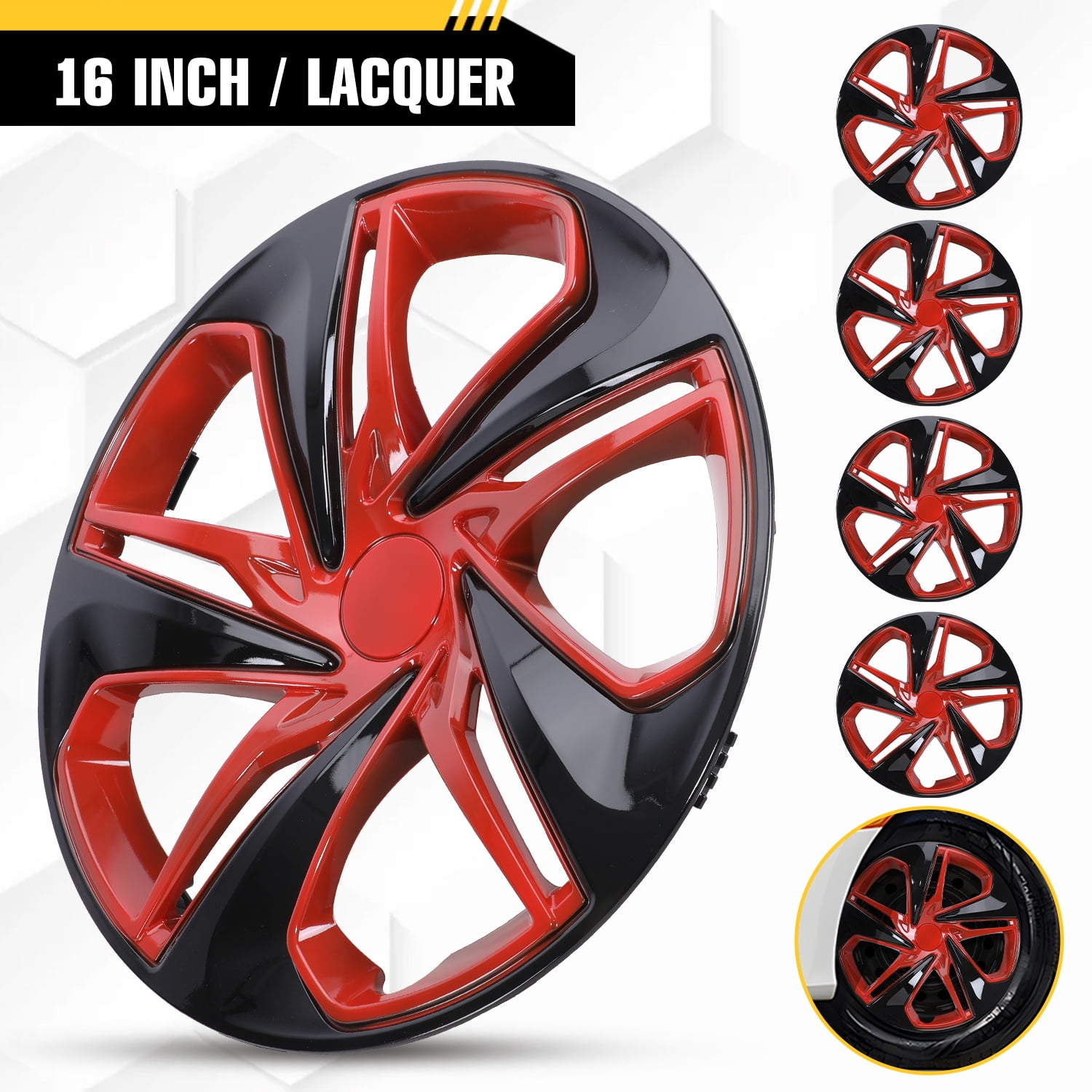 4pcs/Set 16" Hubcaps for 2016-2025 Honda Civic Sedan R16 Wheel Rim Cover Snap on (16-inch,Black Lacquer & Red Lacquer)