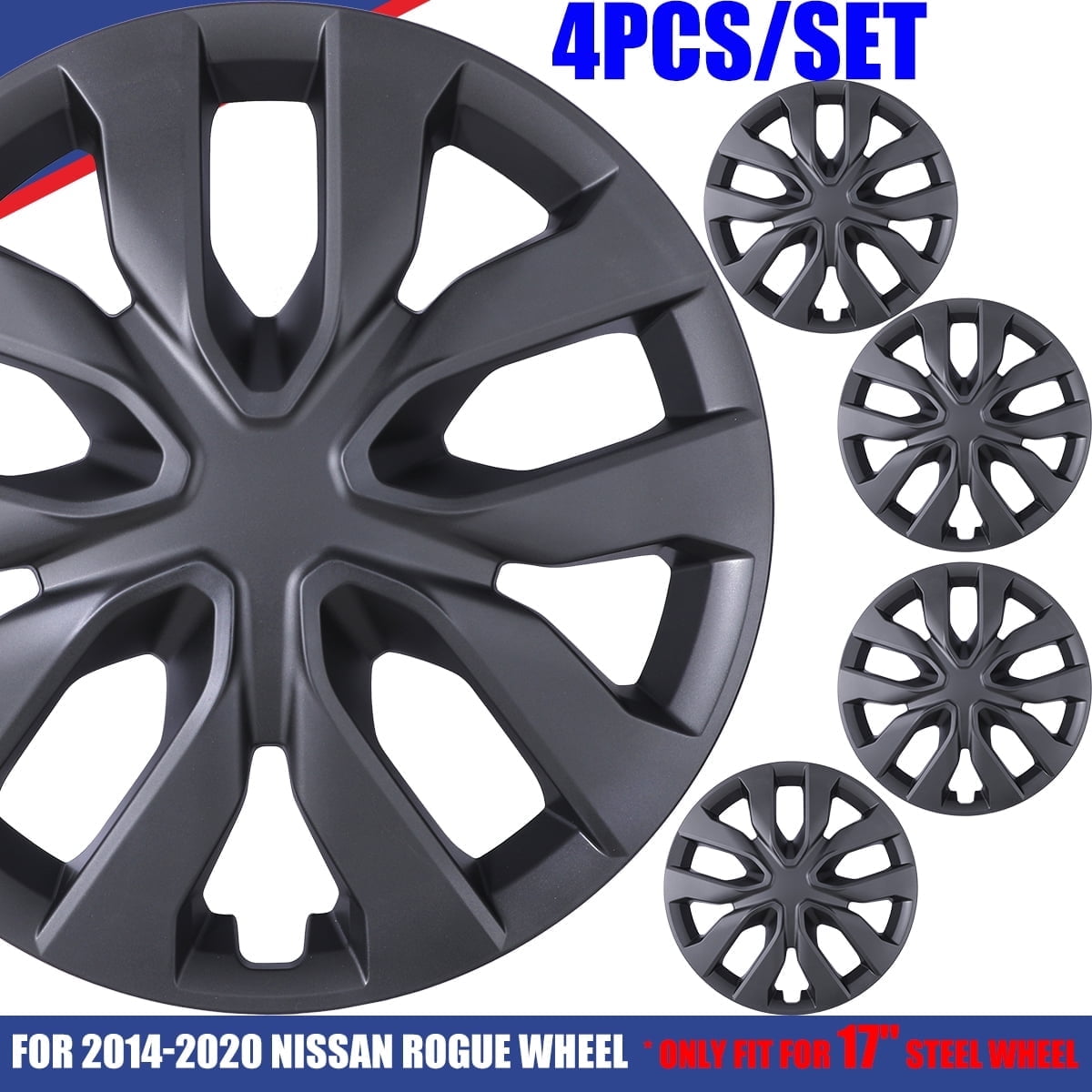 4Pcs/Set 17" Hubcaps Wheel Rims Cover Fit for 2014-2020 Nissan Rogue Compatible with Steel Wheels Snap on Installation ABS+PC Material(17-inch,Black Matte)