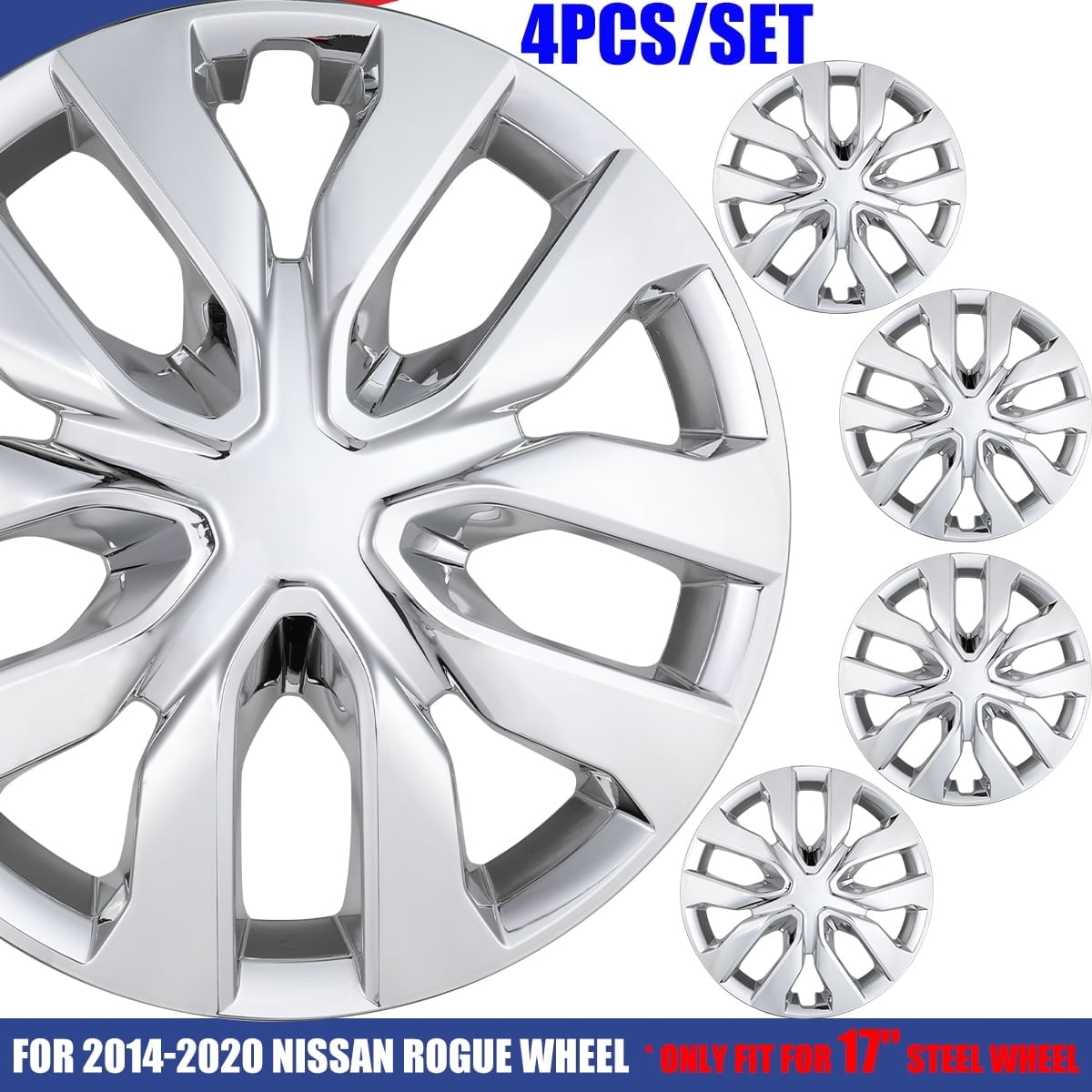 4Pcs/Set 17" Hubcaps Wheel Rims Cover Fit for 2014-2020 Nissan Rogue Compatible with Steel Wheels Snap on Installation ABS+PC Material(17-inch,Chrome)
