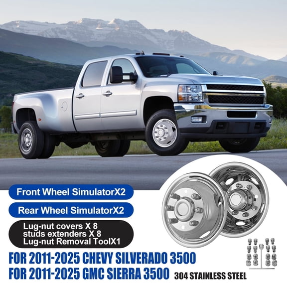4Pcs Set 17" Hubcaps for 2011-2025Chevy&GMC 3500,8 lugs 5 Hand Holes Dually Wheel Simulators,Over-the-Lug mounting style,Stainless Material