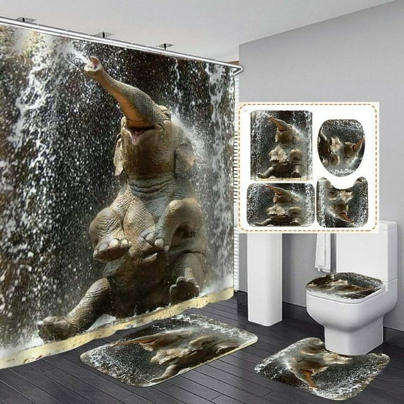 4Pcs Set Animal Pattern 71"x71" Bathroom Shower Curtain Set With Anti-Slip Toilet Rug + Lid Toilet Cover + Bath Mat for Home Decor