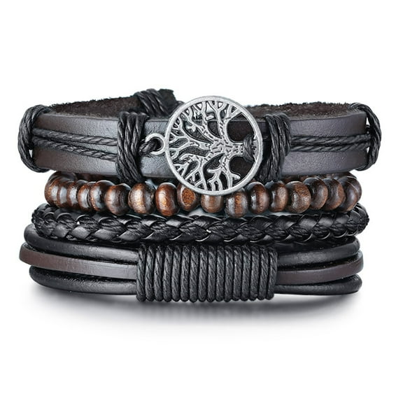 4Pcs/ Set Braided Wrap Leather Bracelets for Men Vintage Life Tree Rudder Charm Wood Beads Ethnic Tribal Wristbands
