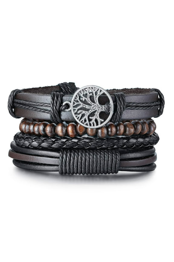 4Pcs/ Set Braided Wrap Leather Bracelets for Men Vintage Life Tree Rudder Charm Wood Beads Ethnic Tribal Wristbands
