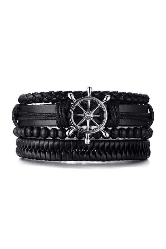 Vintage Braided Leather Bracelets with Wooden Beads, Ethnic Tribal Wristbands,4 Piece, 7.5''
