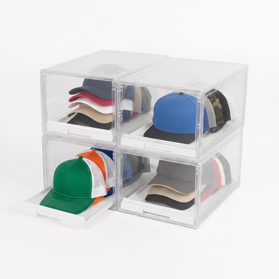 4Pcs/Set Clear Hat Organizer with Sliding Tray, Stackable Baseball Cap Storage Box