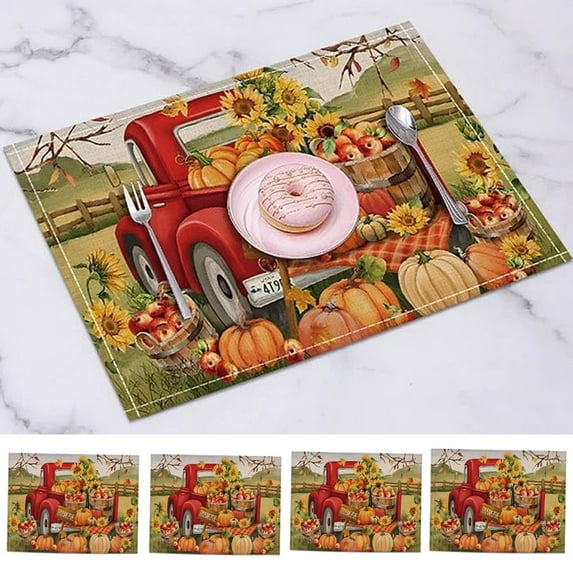 4Pcs/Set Fall Placemats, Red Truck Pumpkin Placemat for Dining Table Decorations, Washable Cotton Linen Autumn Place Mats, Maple Leaves Table Mats for Kitchen Dinner Thanksgiving Holiday Party Decor