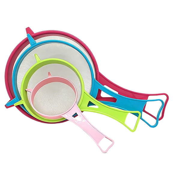 4Pcs/Set Plastic Mesh Strainer Colander, Solid-Liquid Separator Gadget with Non Slip Handles, Double Ear Fine Food Mesh Strainer, Flour Sifter for Baking, Kefir, Tea, Juice, Pasta