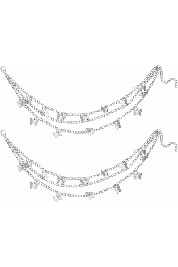 4Pcs Shoe Charms Chains 3-Layer Strap Chain Shoes Decorative Alloy Butterfly Charms Chain with Lobster Clasp Shoe Accessories for Women Men Sneakers Casual Shoes Sandals Bags Keychains Silver