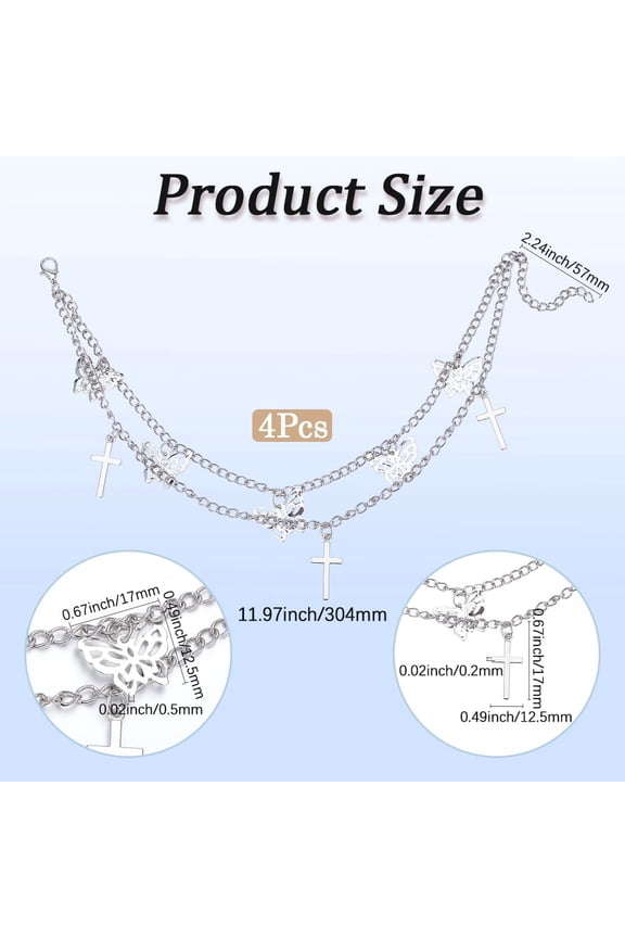 4Pcs Shoe Charms Chains Boot Strap Double Chains with Cross Hollow Butterfly Pendants Lobster Clasps Decoration Accessories for Women Men Sneakers Casual Shoes Sandals Bags Belt Pocket