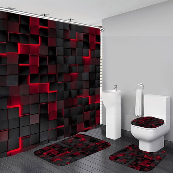4Pcs Shower Curtain Set Black 3D Cubes Shower Curtain Set Modern Bathroom Sets with Shower Curtain and Rugs Red Shower Curtain with 12 Hooks