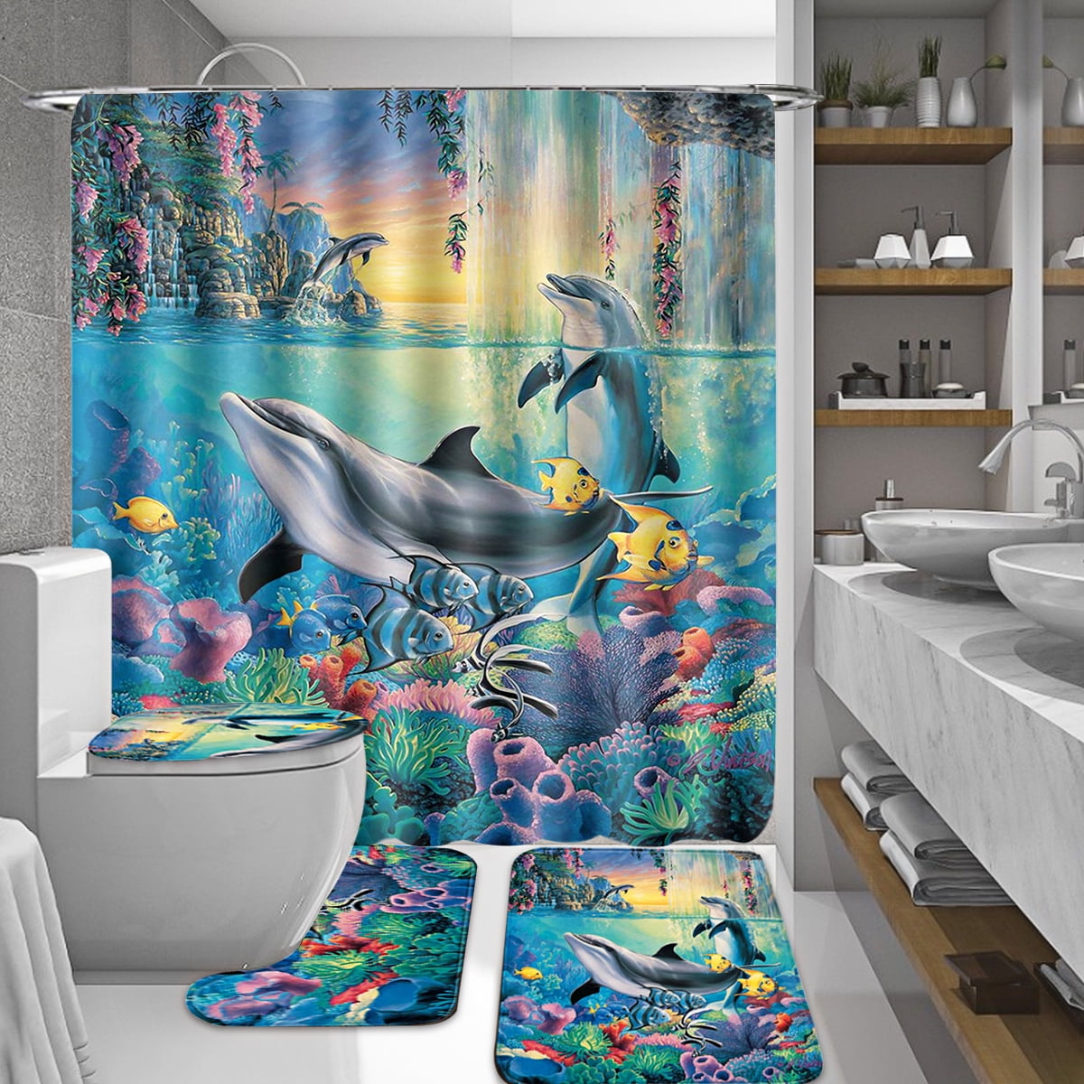 4Pcs Shower Curtain Set Dolphin Ocean European Marine Pedestal Floor Rug +  Lid Toilet Cover +Non-Slip Bath Mat Doormat Waterproof Shower Curtain with  ..., image size:1200x1200