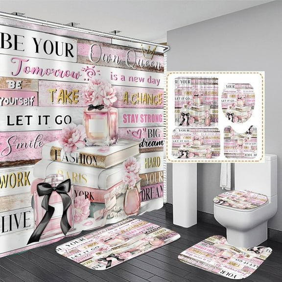 4Pcs Shower Curtain Set Pink Fashion Floral Bathroom Decor Inspirational Quotes Bathroom Shower Curtain with Rugs and Accessories Girly Perfume Bathroom Set