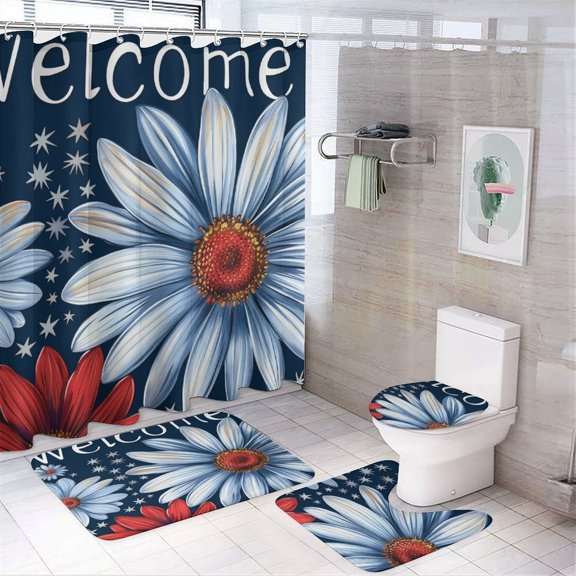 4Pcs Shower Curtain Set with Rugs Bath Mat U-Shaped Floor Mat Toilet Lid Oval Rug Daisy with USA American Flag Waterproof Durable Bathroom Decor Shower USA Patriotic Independence Memorial Day