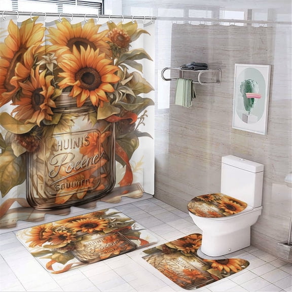 4Pcs Shower Curtain Set with Rugs Bath Mat U-Shaped Floor Mat Toilet Lid Oval Rug Mason Jar Sunflower Waterproof Shower Curtain Spring Summer Sunflower for Bathtub Decor