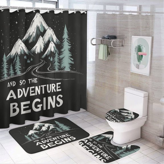 4Pcs Shower Curtain Set with Rugs Bathroom Decor Set with Non-Slip Rugs Toilet Lid Cover And Bath Mat And So The Adventure Begins Waterproof Shower Curtain Adventure Lover for Bathtub Decor