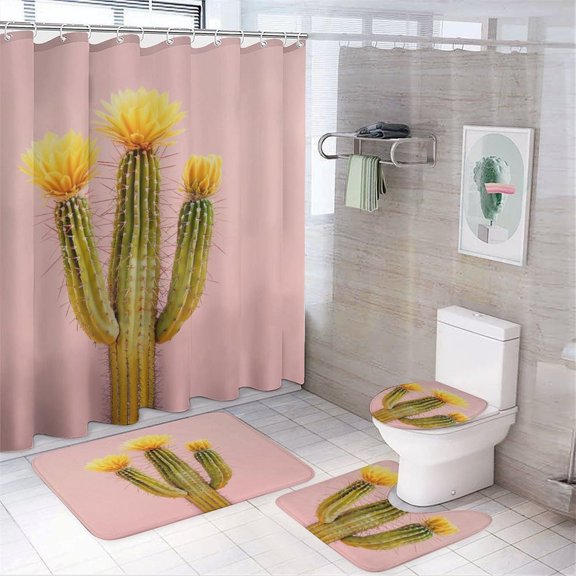 4Pcs Shower Curtain Set with Rugs Bathroom Decor Set with Non-Slip Rugs Toilet Lid Cover And Bath Mat Bright Pink Colorful Succulent Waterproof Durable Bathroom Decor Shower Succulent in Pink
