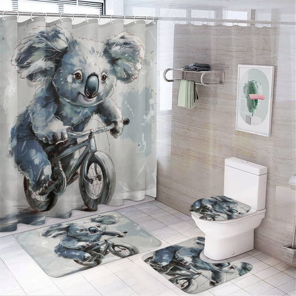 4Pcs Shower Curtain Set with Rugs Bathroom Decor Set with Non-Slip Rugs Toilet Lid Cover And Bath Mat Koala Bear Riding On A Bicycle Waterproof Shower Curtain Abstract Watercolor Koala