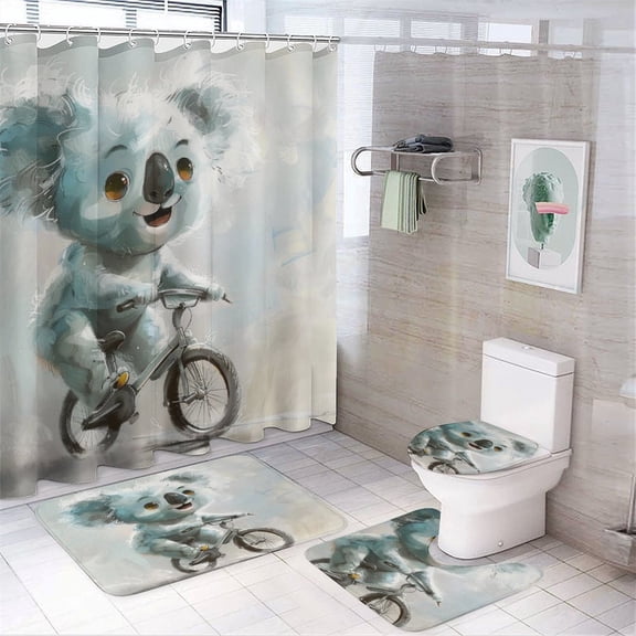 4Pcs Shower Curtain Set with Rugs Bathroom Shower Curtain Set with Rugs Koala Riding A Bicycle Waterproof Fabric Bath Curtain Koala Lovers for Bathroom Decor Set