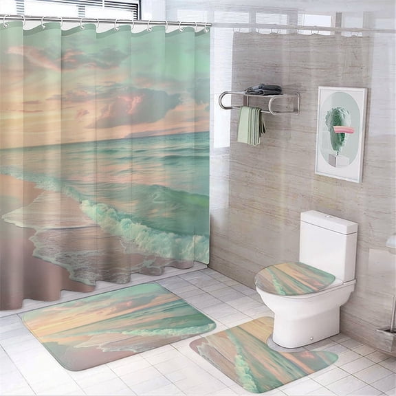 4Pcs Shower Curtain Set with Rugs Beach Scene At Sunset Bathroom Decor Set with Non-Slip Rugs Toilet Lid Cover And Bath Mat Sunset Ocean Nature Farmhouse Bathroom Shower Set 72inch X 72inch