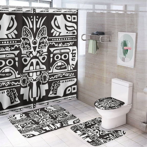 4Pcs Shower Curtain Set with Rugs Black And White Vector Illustration with Rugs Toilet Lid Cover And Bath Mat Classic Black And White Prints Farmhouse Bathroom Shower Set for Bathtub Decor