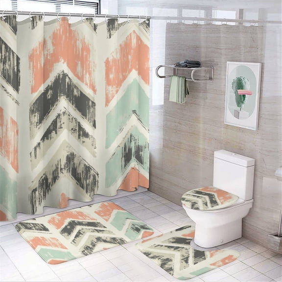 4Pcs Shower Curtain Set with Rugs Chevron in Coral Mint Green Gray Geometric Modern Bathroom Sets with Curtain Rug Toilet Cover And U Shaped Mat Chevron Stripes Patterns Bathroom Decor Set