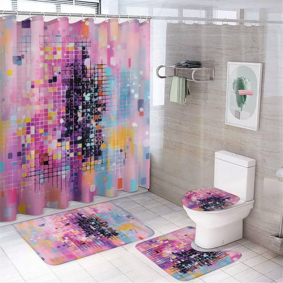 4Pcs Shower Curtain Set with Rugs Colorful Abstract Print Purple Blue Bath Mat U-Shaped Floor Mat Toilet Lid Oval Rug Geometry Abstract Art Shower Curtain with 12 Hooks 72inch X 72inch