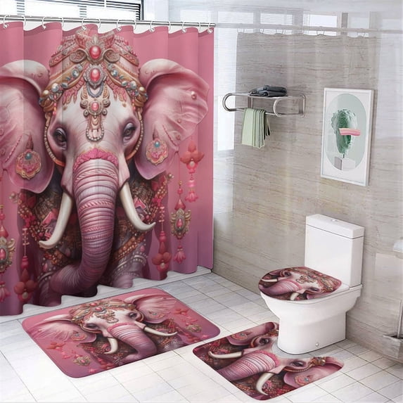 4Pcs Shower Curtain Set with Rugs Cute Boho Elephant Rug Toilet Lid Cover And Non-Slip U Shape Mat Abstract Art Cute Funny 12 Hooks for Bathroom Decor 72inch X 72inch