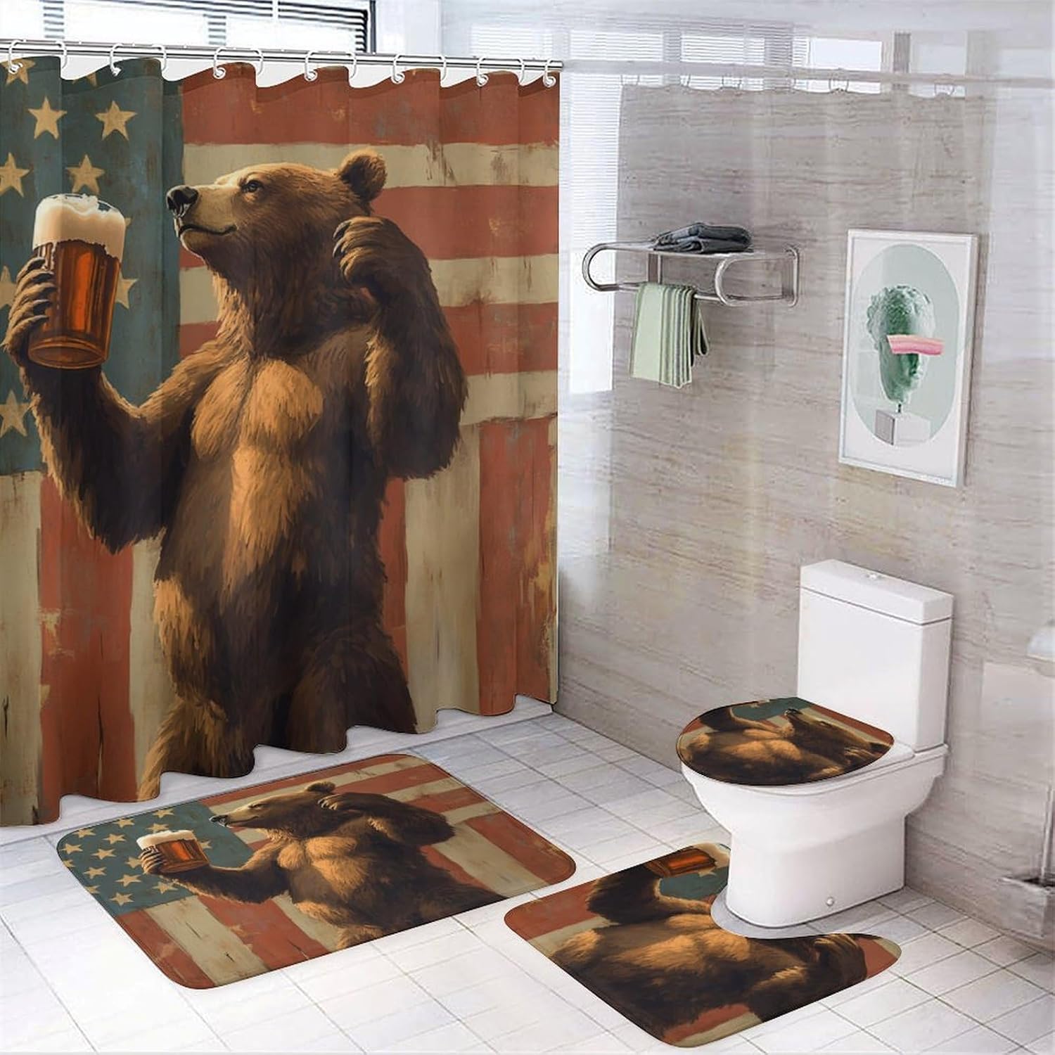 4Pcs Shower Curtain Set with Rugs Happy Camper Bear with American Flag