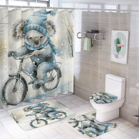 4Pcs Shower Curtain Set with Rugs Koala Bicycling In Winter Non-Slip Rugs And Toilet Mat Lid Rug Accessories Abstract Watercolor Koala Bathroom Decor Set with Accessories 72inch X 72inch
