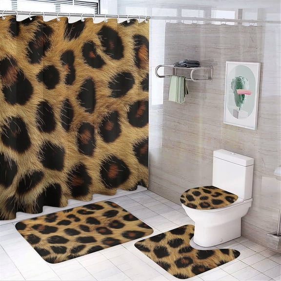 4Pcs Shower Curtain Set with Rugs Leopard Fur Pattern Shower Curtain And Rugs Shower Curtain Set Cheetah Animal Skin Spotted Dot Block Farmhouse Bathroom Shower Set for Bathroom Decor Set