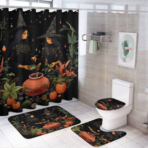 4Pcs Shower Curtain Set with Rugs with Non-Slip Rugs Toilet Lid Cover And Bath Mat Bathroom Decor Set Halloween Witches And A Pot Durable And Waterproof Happy Halloween Crazy Witches