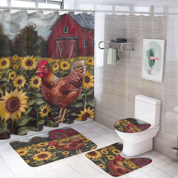 4Pcs Shower Curtain Set with Rugs with Non-Slip Rugs Toilet Lid Cover And Bath Mat Village Farm Chicken And Sunflowers Waterproof Shower Curtain Vintage Chicken Floral Rustic for Bathtub Decor
