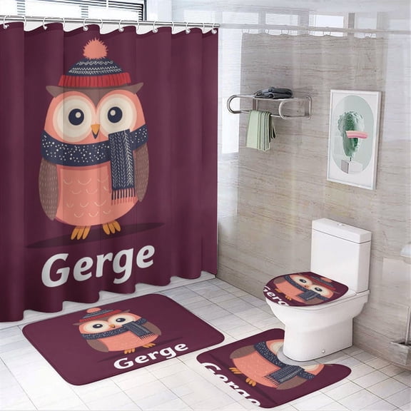 4Pcs Shower Curtain Set with Rugs Personalised Winter Owl with Rugs Toilet Lid Cover And Bath Mat Custom Name Bathroom Shower Curtains Sets for Bathroom Decor Set 72inch X 72inch
