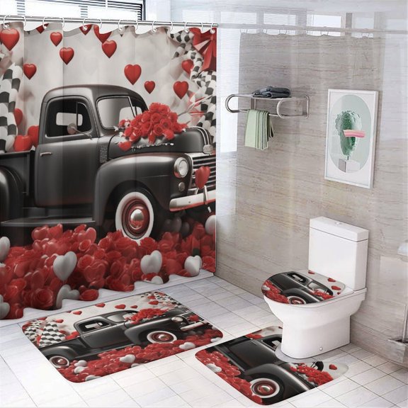 4Pcs Shower Curtain Set with Rugs Red Heart Truck Non-Slip Rugs And Toilet Mat Lid Rug Accessories Valentine Decorations Bathroom Shower Curtains Sets for Bathroom Decor 72inch X 72inch