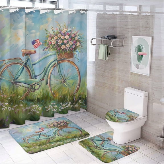 4Pcs Shower Curtain Set with Rugs Rug Toilet Lid Cover And Non-Slip U Shape Mat Bicycle with Basket of Flowers American Flag Waterproof Shower Curtain A Basket of Flowers Vintage Bicycle